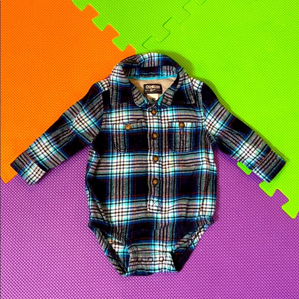 OshKosh B’gosh Blue Plaid Button down Onesie 6-9M